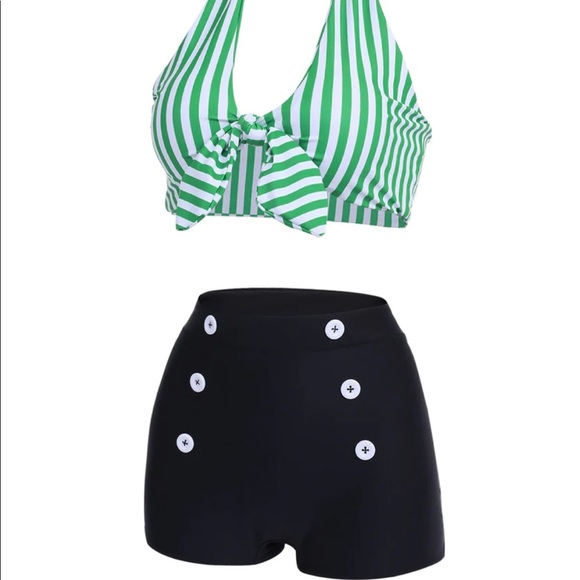 Retro Green‎ Striped Halter Bikini - Picture 2 of 8